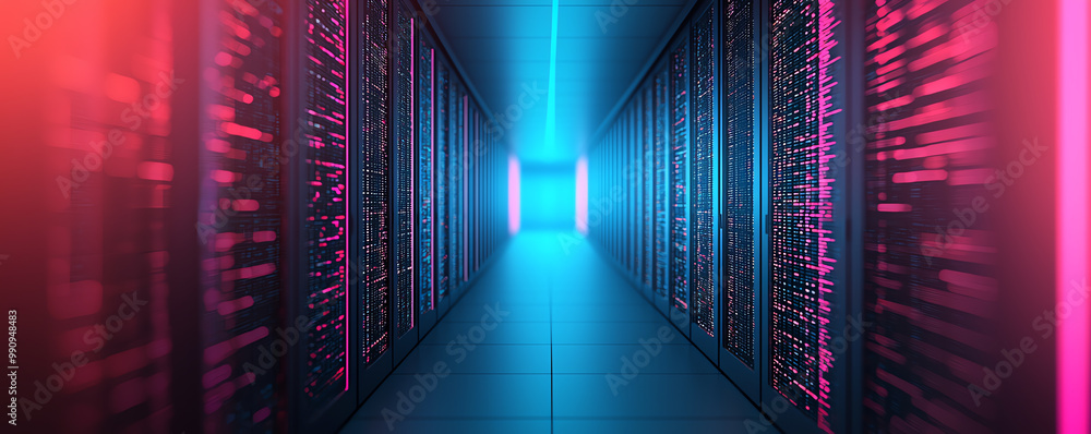Aufkleber holographic data storage center with seamless deployment to multiple devices, futuristic blue tones,