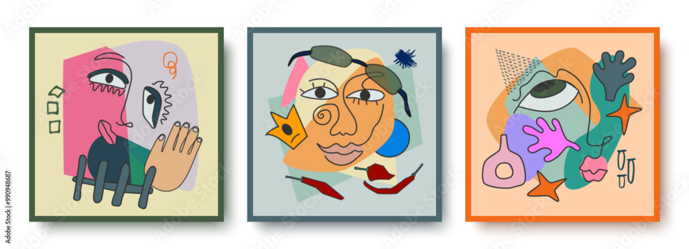 Poster colorful abstract background of faces. vector design of geometric shapes and lines in the cubist sty