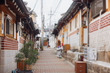 Bukchon Hanok Village, Jongno District, Seoul, South Korea, streets with traditional korean houses, travel to South Korea concept in a spring sunny day