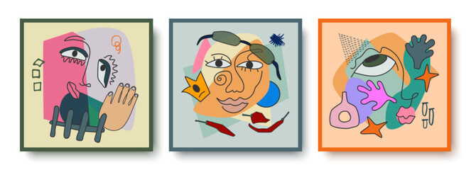 Colorful abstract background of faces. Vector design of geometric shapes and lines in the cubist style