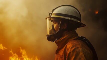 Dedicated firefighter bravely battling flames, sweat-soaked in the heat of the inferno, embodying the essence of courage and emergency rescue operations.
