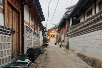 Bukchon Hanok Village, Jongno District, Seoul, South Korea, streets with traditional korean houses, travel to South Korea concept in a spring sunny day