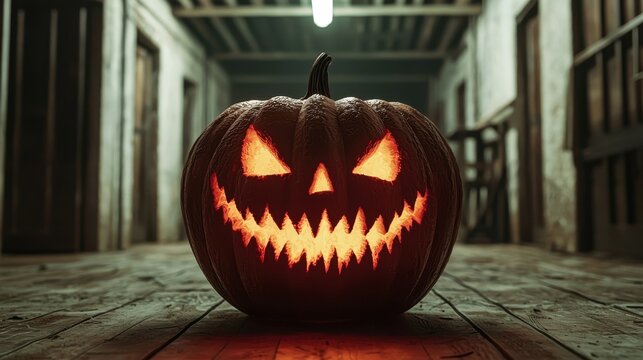 Sinister, floating pumpkin with a terrifying grin, glowing red light inside, close-up, fear-inducing, high contrast, sharp details