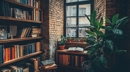 Cozy reading nook with a bookshelf, plants, and natural light from a window.
