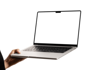 hand holding laptop mockup with blank screen on transparent white background. laptop display mockup in hands