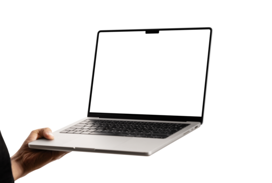 Close up of male hand holding laptop mockup with blank screen and transparent white background. hand man using laptop.