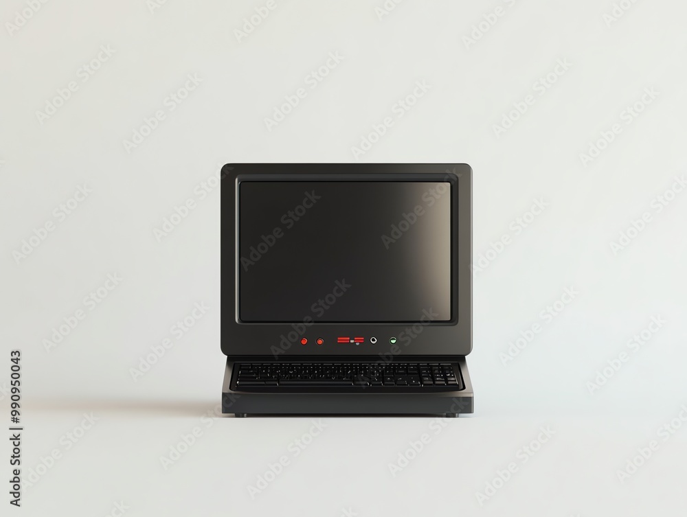 Poster a black retro computer with a blank screen on a white background.