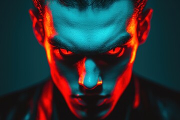 Close-up of a vampire with slicked-back hair, glowing red eyes, sharp fangs, Halloween night, dark and moody, intense contrast