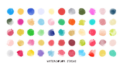 Set of colorful watercolor hand painted round shapes, stains, circles, blobs isolated on white background. Vector elements for creative design