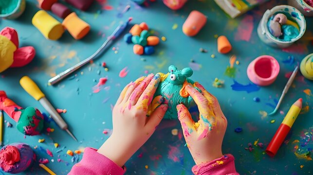 child s hands skillfully shaping a vibrant piece of modeling clay into a whimsical animal with bright colors and an inviting workspace filled with creative tools and around them