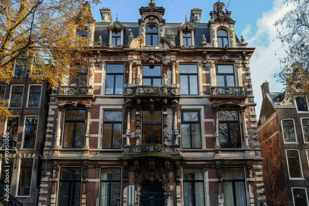 Poster traditional dutch architecture with ornate details and large windows is on display in this image of 