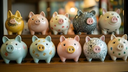 Obraz premium A collection of adorable piggy banks in various whimsical designs and sizes are arranged neatly on a shelf each showcasing its own unique patterns colors