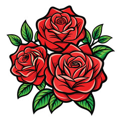 a drawing of red roses with green leaves and a white background. vector illustration 