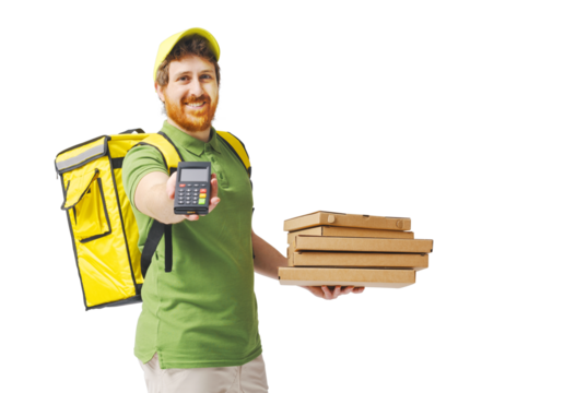 Food delivery courier holding a POS terminal - Powered by Adobe