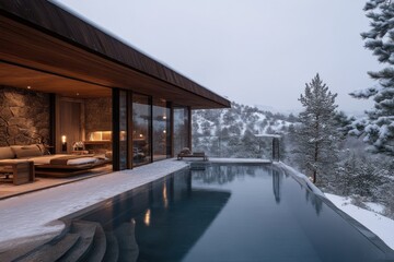 A stunning luxurious villa with an infinity pool overlooking a snowy valley, featuring large glass doors and elegant wooden interiors, set in a serene natural environment.