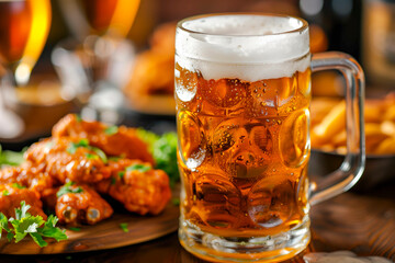 Oktoberfest beer glass and fried chicken on festival background