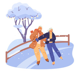 Happy senior couple holding hands skating on outdoor ice rink flat vector illustration isolated on white.