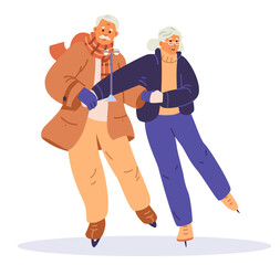 Happy senior couple holding hands ice skating flat vector illustration isolated on white.