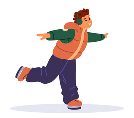 Cute teenage boy in outwear ice skating flat vector illustration isolated on white.