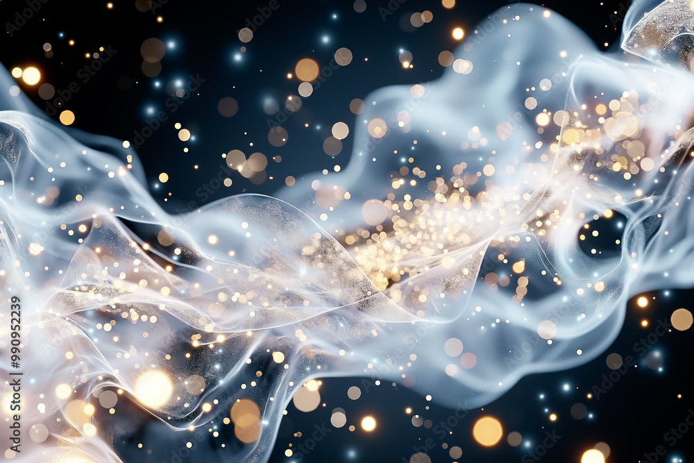 Poster captivating swirls of translucent material spread across a dark backdrop, interspersed with glowing 