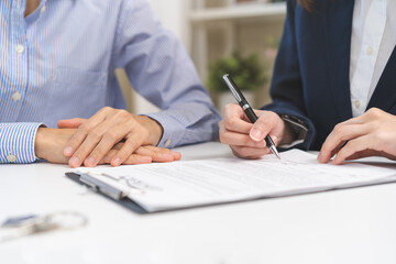 Financial, asian woman lease landlord, agent banker or bonding hand is pointing to contract of...