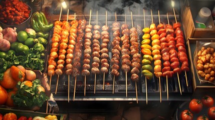 Captivating image showcasing a bustling street food stall featuring an array of sizzling pork balls skewered and grilled surrounded by a vibrant display of fresh produce and aromatic spices