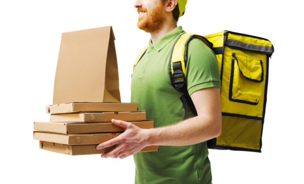 Smiling courier delivering fast food - Powered by Adobe