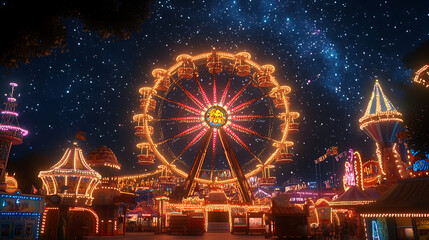 Brightly lit carnival Ferris wheel and other rides against a backdrop of a starry night sky