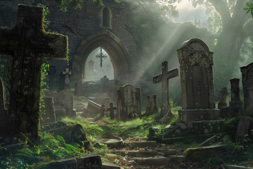 Old cemetery scene with ancient stones, crosses, and tombs along a path to a mysterious crypt