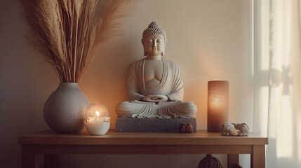 Minimalist and Elegant Altar Table with a Simple Buddha Statue Soft Lighting and Carefully Placed Decorative Items Evoking a Sense of Tranquility and Mindfulness in the Space