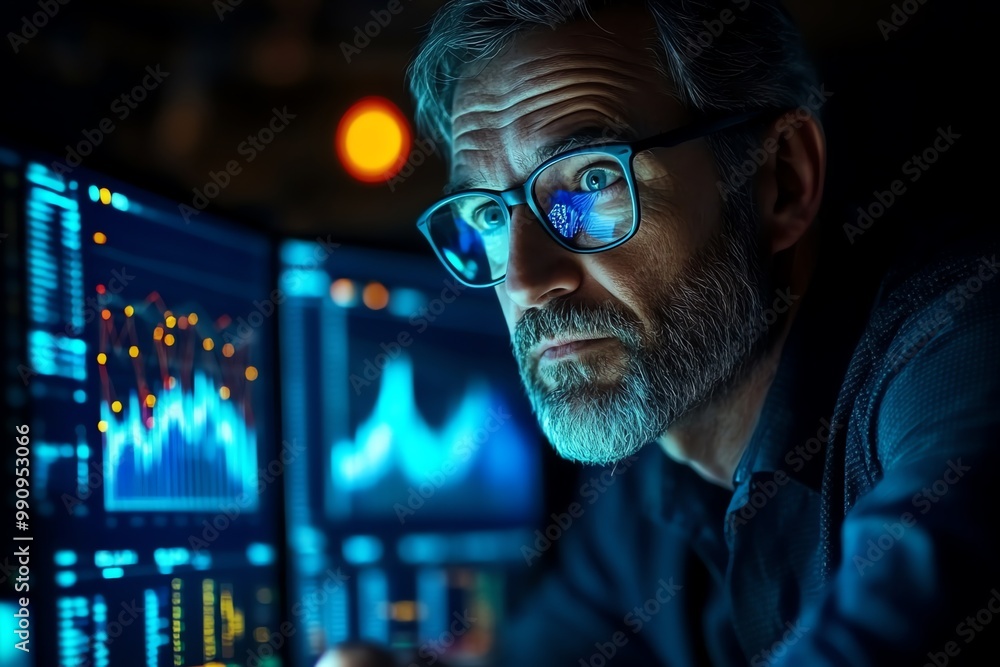 Poster a businessman with a beard wearing glasses looks at a computer screen with data charts in the dark.