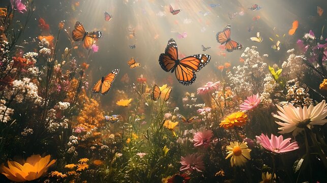 A captivating scene of various butterflies fluttering and dancing among an array of vibrant blooming flowers in a lush peaceful garden setting showcasing the beauty and harmony of nature
