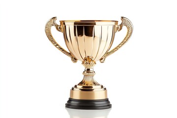 A classic golden trophy with two handles, a round base, and a black circular stand isolated on a white background.