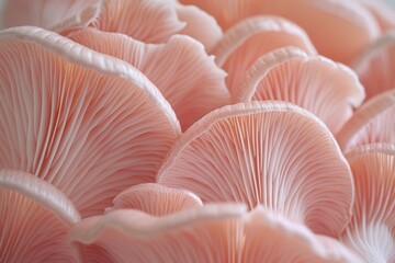 macro photograph soft pink mushroom gills delicate textures with intricate folds soft lighting illuminating smooth surfaces with gentle gradient light pale peach Shallow depth field creating dreamlike