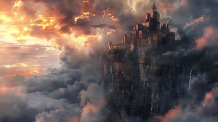 A majestic castle perched on a cliff amidst dramatic clouds and lightning.