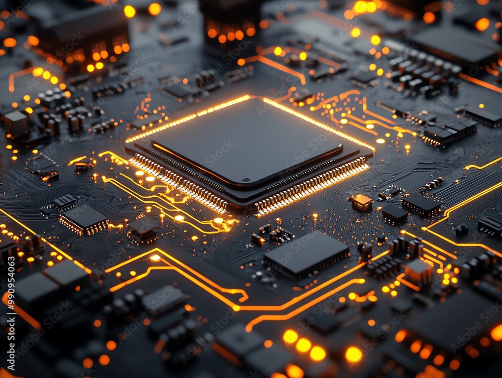 Poster a close-up of a glowing processor chip on a circuit board.