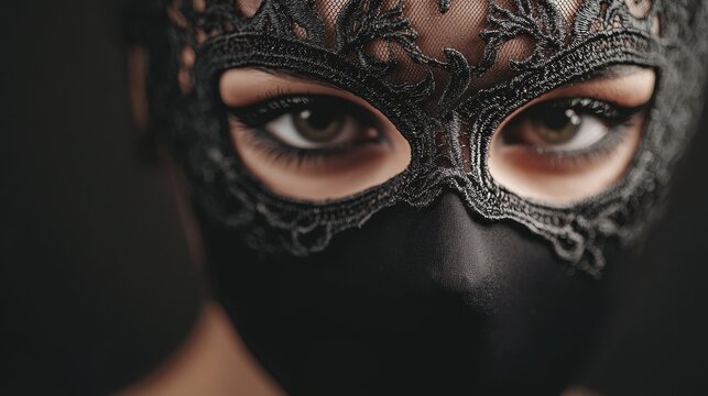 A black lace mask with shimmering metallic details, glowing softly, close-up, Halloween masquerade, mysterious vibe, intricate design, closes up