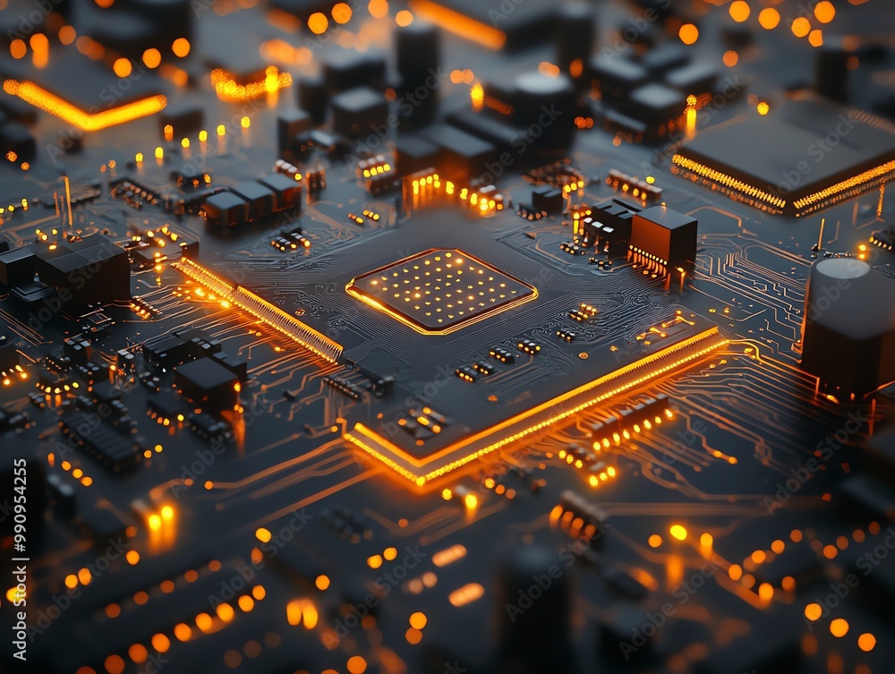 Poster a close-up of a glowing circuit board with a central processor, illustrating the complexity of moder