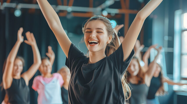 Happy female choreographer rejoicing the success of her students girls in dance training. generative ai.