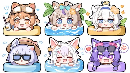 Cute anime girls illustrated in different colorful outfits, perfect for use in stickers or badges.