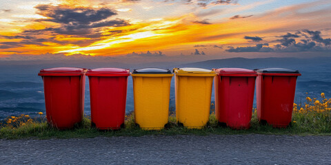 Sunset Recycling Bins: Colorful recycling bins stand in a row against a breathtaking sunset landscape, symbolizing environmental responsibility and sustainable practices.