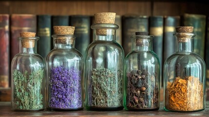 Vintage Apothecary Bottles with Dried Herbs Inside