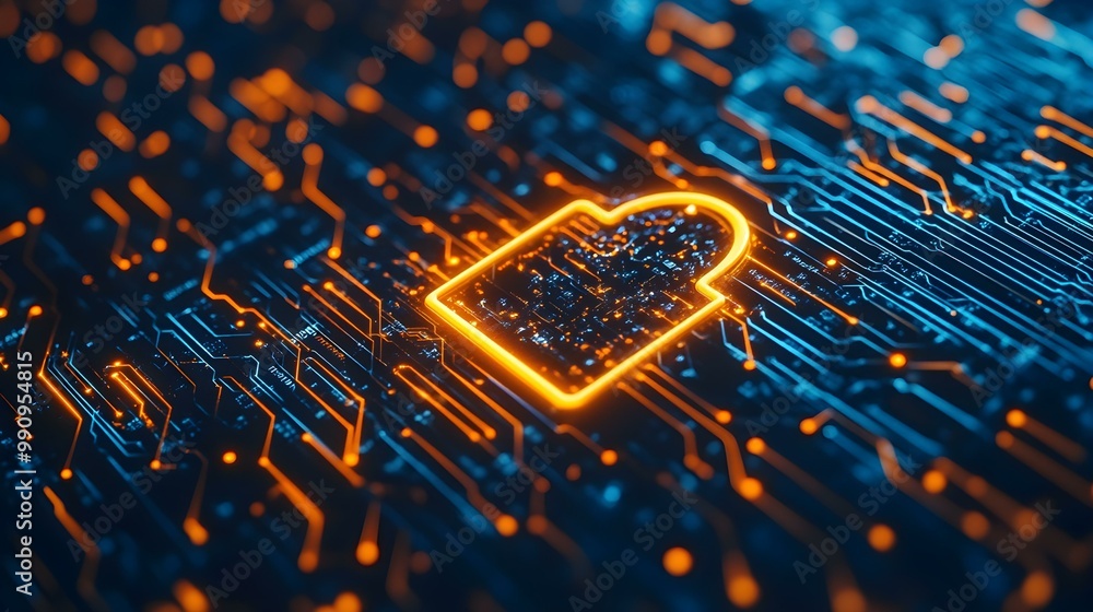 Poster digital lock icon on a circuit board, representing cybersecurity.