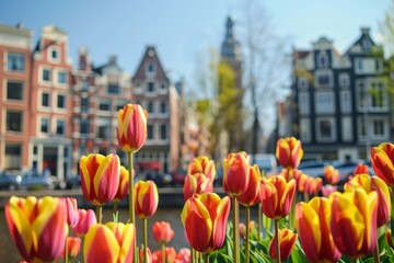 Fototapeta premium Beautiful red and yellow tulips blooming by a canal in amsterdam, netherlands, with traditional dutch houses in the background on a sunny spring day