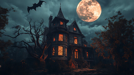 Fototapeta premium Haunted house with cracked windows and twisted trees, under a full moon with bats flying overhead