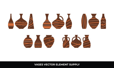 Brown and orange vases with various shapes and patterns.