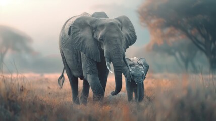 Obraz premium Elephant and baby in misty wilderness - A serene image capturing the bond between an elephant and its baby amidst misty surroundings