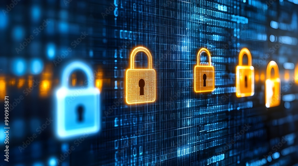 Poster digital locks on a blue data background symbolizing cybersecurity.