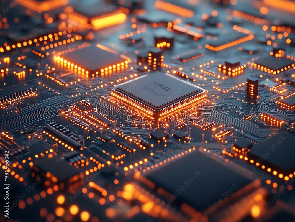 Poster a close-up view of a circuit board with a processor glowing brightly.