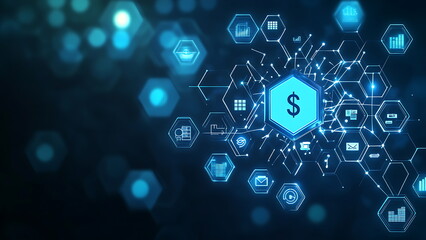 interconnected glowing icons, including a dollar sign, representing financial data and global connections.
